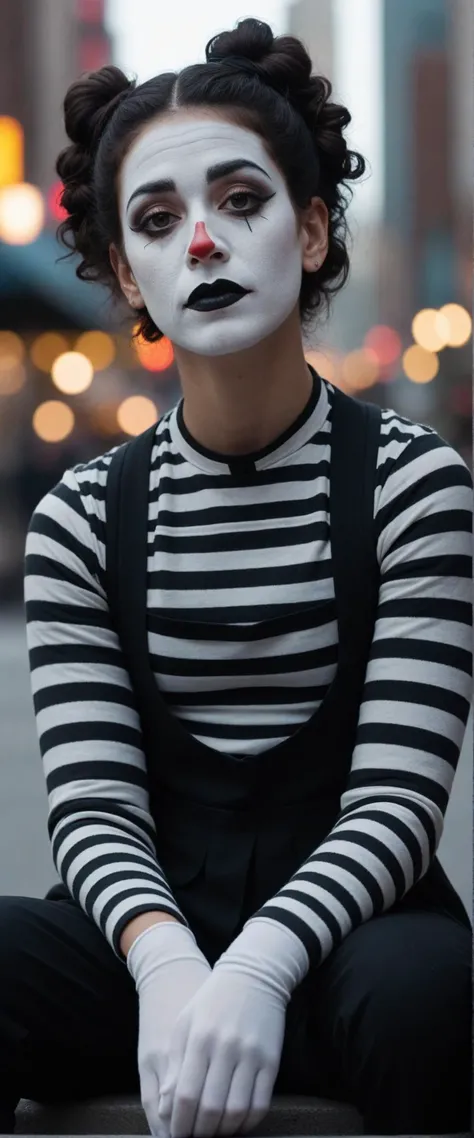 Cinematic still of ,sitting,art by Rebecca Sugar,cityscape,mime, front view,private press,2k resolution,specific,12k resolution,peaceful,HD,true. Shallow depth of field,vignette,highly detailed,high budget,bokeh,Cinemascope,moody,epic,gorgeous,film grain,grainy,