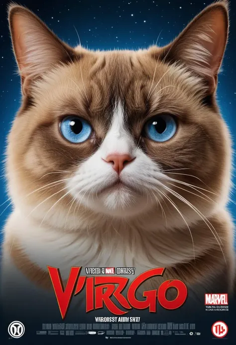 (movie poster with title and text graphics:1.3) (under the title banner text logo "V\I\R\G\O":1.5), a cartoon network style drawing of grumpy cat in the marvel