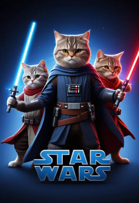 (("STAR CATS" (text logo:1.8))), (full body), (((fat cats))), (screensaver for the movie "Star Wars" fat cats in Jedi costumes, holding lightsabers in their hands), predominant violet and red and blue color, hyper-detailed, hyper-realism, sharp shot, cinematic, background action-packed