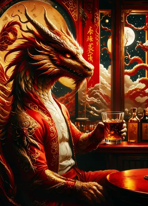 Chinese lunar dragon, drinking whiskey in night bar, dragon in red and gold color scheme, digital painting style, color contrast, wide-angle shot, juxtaposition of fantasy and reality, moonlight, visually appealing, balanced composition, elegant, contemporary, rich color palette, Chinese aesthetic, dramatic lighting, high resolution <lora:SDXL\sd_xl_dpo_lora_v1:1.0>, <lora:SDXL\MJ52:0.5>, <lora:SDXL\RMSDXL_Creative:0.25>, <lora:SDXL\xl_more_art-full_v1:0.95>,