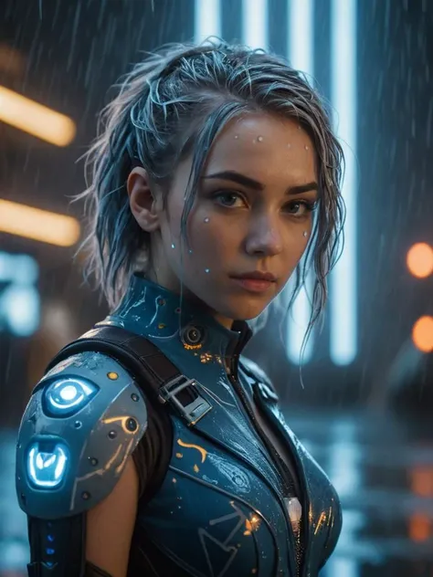 ((masterpiece)), "A young woman in a futuristic cosplay, standing confidently in a simulated rain setup, her outfit detailed with cybernetic patterns and bold lightning motifs. The scene is backlit by a soft blue glow, highlighting the intricate textures of her attire and the shimmering water droplets cascading down her hair and shoulders. High-definition, sharp focus on the subject, (saturated colors:1.1), (backlighting:1.2), reminiscent of a cinematic still from a sci-fi blockbuster."
<lora:add-detail-xl:0.8> <lora:RMSDXL_Enhance:2>