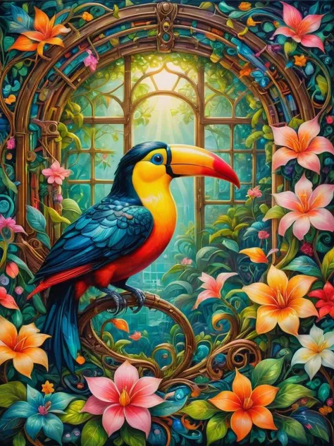 dreamlike, toucan, Amidst a realm of whimsical enchantment, a secret garden reveals, its intricate blossoms captivating the imagination, Shining through windows intricate details, abstract, whimsical, <lora:RMSDXL_Creative:0.8> <lora:SDXLFaeTastic2400:0.8>
