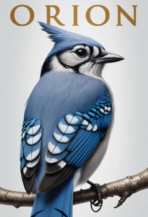 a (movie poster with title and text graphics:1.3) (under the title banner text logo "O\R\I\O\N":1.5), A dutch masters painting of a blue jay with a gold earring