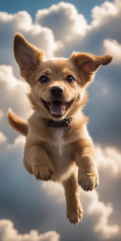 award winning portrait of a flying happy puppy in the clouds, bokeh, backlit