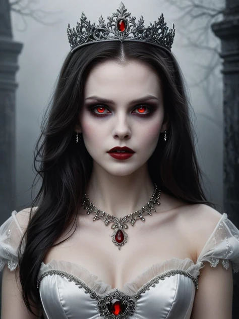 A highly detailed digital painting of a female vampire with pale skin, dark hair, and red eyes. She is wearing a white dress with a silver corset, a silver necklace, and a silver crown. The background is dark and foggy. The woman is the only source of light. The image is painted in a realistic style and full of symbolism.