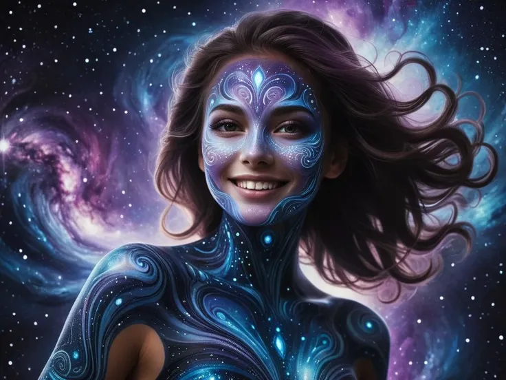 A highly detailed portrait of a beautiful smiling woman with swirling galaxy patterns glowing on their skin all over their body in blues, purples, and whites. The background is dark and atmospheric, with a sense of mystery and wonder. The overall style is a blend of surrealism and realism, with a hint of fantasy. The image has a captivating and thought-provoking quality, inviting the viewer to explore the depths of the subject's identity and inner world. This piece is inspired by contemporary digital art movements and showcases the fusion of human and cosmic elements.