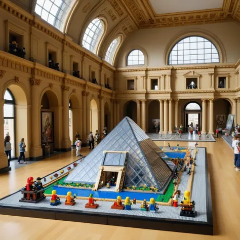 Medium: Digital art
Subject: LEGO model depicting the Louvre Museum and its artworks
Scene: Interior of the Louvre Museum, in Paris, France
Style: Realistic, playful, and imaginative
Artistic Influence or Movement: LEGO art, digital art, pop art
Color: Colorful and vibrant, using a wide range of hues and shades
Lighting: Natural and artificial light, creating contrast and depth
Anatomy and Features: LEGO bricks, studs, grooves, gaps, LEGO citizens, facial expressions, hair, clothing, accessories, poses
Details and Transformations: Museum pieces made of LEGO bricks, such as paintings, sculptures, and architectural elements
Composition and Symbolism: Eye-level perspective, focal points, symbols, metaphors, and allegories of art, toy, life, history, culture, civilization, viewer, LEGO theme, LEGO world
Additional details: Tactile and visual realism, lively and immersive atmosphere, invitation and participation of the viewer, education and inspiration of the viewer, expression and communication of the themes and messages
