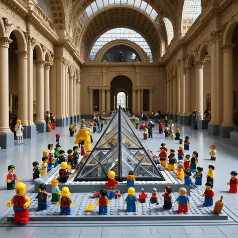 Medium: Digital art
Subject: LEGO model depicting the Louvre Museum and its artworks
Scene: Interior of the Louvre Museum, in Paris, France
Style: Realistic, playful, and imaginative
Artistic Influence or Movement: LEGO art, digital art, pop art
Color: Colorful and vibrant, using a wide range of hues and shades
Lighting: Natural and artificial light, creating contrast and depth
Anatomy and Features: LEGO bricks, studs, grooves, gaps, LEGO citizens, facial expressions, hair, clothing, accessories, poses
Details and Transformations: Museum pieces made of LEGO bricks, such as paintings, sculptures, and architectural elements
Composition and Symbolism: Eye-level perspective, focal points, symbols, metaphors, and allegories of art, toy, life, history, culture, civilization, viewer, LEGO theme, LEGO world
Additional details: Tactile and visual realism, lively and immersive atmosphere, invitation and participation of the viewer, education and inspiration of the viewer, expression and communication of the themes and messages