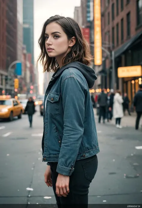 + (young woman), standing with hands in pockets pose, in apocalypse new york, side view, fission, yearning, film photo, 35 mm photography, film, bokeh, professional, 4k, very detailed