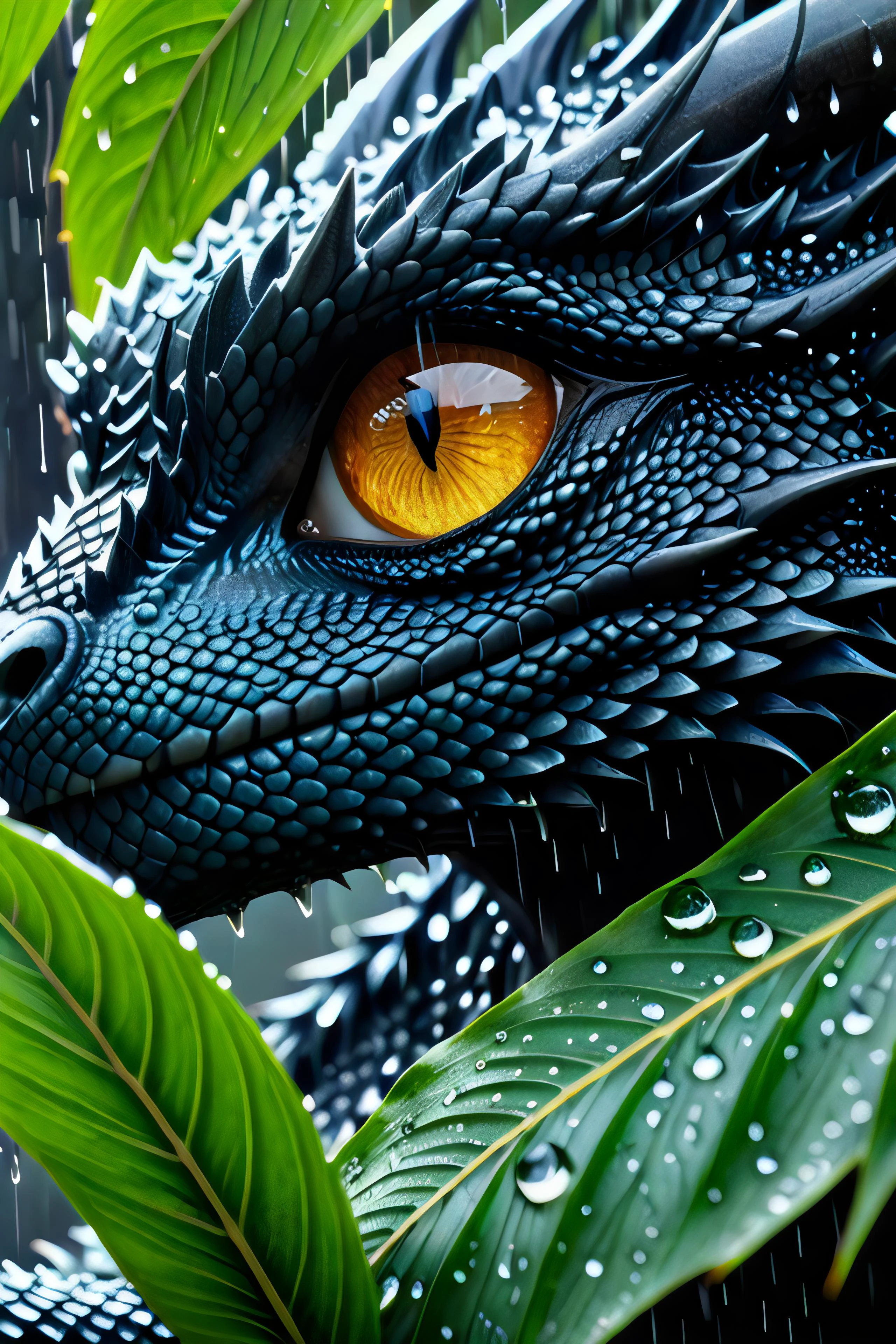 RAW, ((((masterpiece)), photorealistic)), professionally detailed, ultra-high detail, sharp, insanely detailed, hyperrealism,
orangeblack,
close-up,eyes_focus,eye close-up,dragon,hiding in the leaves,black dragon,shiny scales,((rain)),zazie rainyday, (((masterpiece))),(best quality),((ultra-detailed)),beautiful eyes,macro shot,colorful details,natural lighting, amazing composition,subsurface scattering,velus hairs,amazing textures,filmic,soft light,
<lora:xl_more_art-full_v1:0.3>, <lora:AetherPunkAIv2:0.9>, aetherpunkai, <lora:WowifierXL-V2:0.8>, <lora:orangeblack:1.2>, <lora:ReaLora:0.7>, <lora:RMSDXL_Enhance:2>, <lora:RMSDXL_Photo:0.8>, <lora:psychedelicai-SDXL-V2-000008:1>, <lora:EnvyBetterHiresFixXL01:0:hr=1>, <lora:MJ52_XL:0.6>, <lora:add-detail-xl:1.5>, <lora:DetailedEyes_V3:1.2>, <lora:PerfectEyesXL:1.0>,