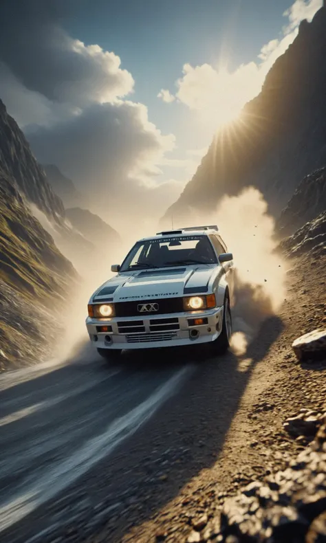 rally car, Audi Quattro sport, Hillclimb, clouds of dust, film grain, bumps, jump, impossible angle, Norwegian mountains, fisheye, Midjourney, analog photo, action-packed, dynamic pose, sunlit, emphasizing atmosphere, ominous glow, Scattering, Dark Glowing, Shadows, Lumen Reflections, Diffraction Grading, Chromatic Aberration, Ray Tracing Ambient Occlusion, Bump Map, Rays, elegant <lora:sd xl dpo lora v1:0.5>, <lora:MJ52:0.8>, <lora:RMSDXL Creative:0.5>