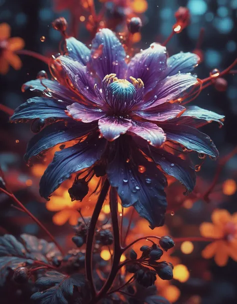 digital art, bioluminescent purple flower with red accents, fabulous night forest, mysterious, by Greg Rutkowski & Ilya Kuvshinov & Lois van Baerle, elegant, magical radiance, concept art, realistic, cinematic lighting, soft shadows, sharp focus, fractal, colorful, vivid colors, volumetric lighting, Elemental Might, Dark Fantasy, Gouache, Calligraphy, Ink, Vibrant Color Palette,<lora:xl more art-full v1:0.5>, <lora:RMSDXL Creative:0.6>, <lora:MJ52:0.4>,