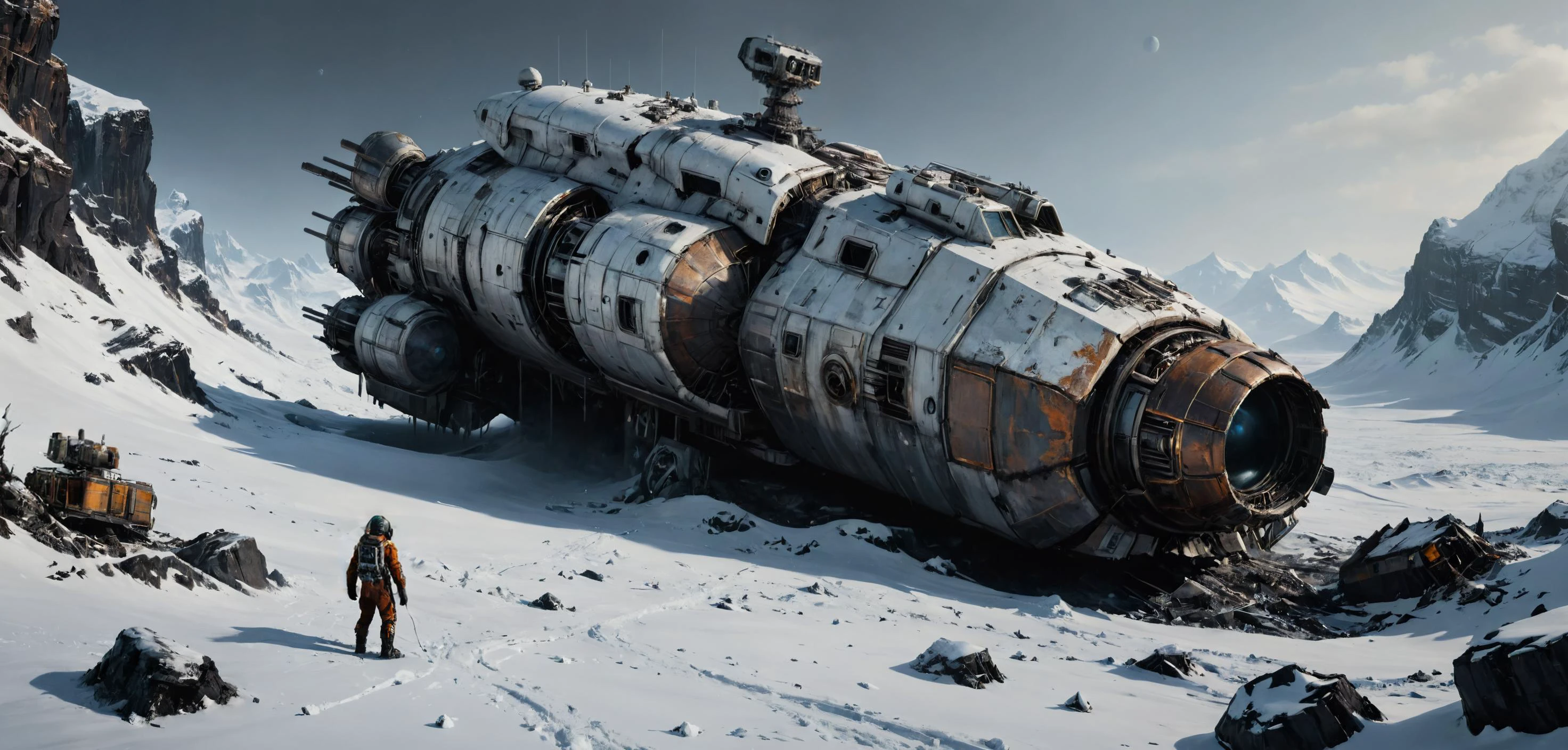 Prompt	+ Capture an abandoned, broken spaceship buried deep in the snow on a strange, cold planet, blinding Minjae Lee's distinctive stylemarked by intense colors and dynamic, expressive attacks. Employ heavy, bold brushwork to depict the contrast between the technology's decay and the artic's life. Utilize Lee's vibrating pallet to highlight the encroachment of nature, with living white, deep greys, and the stark metallics of the spacecraft creating a visual matching narrative. This oil painting should evoke a sense of both abandonment and natural claim, ambushing the unique fusion of man-made and natural elements style of, Jeremy Mann
Negative Prompt	(landing, landing gear, car:1.4)
Fooocus V2 Expansion	
Styles	['Fooocus Masterpiece', 'Dark Moody Atmosphere', 'Cinematic Diva']
Performance	Quality
Resolution	(2944, 1408)
Sharpness	1
Guidance Scale	2.5
ADM Guidance	(1.5, 0.8, 0.3)
Base Model	!rmsdxlHybridTurboXL_scorpius.safetensors
Refiner Model	None
Refiner Switch	0.5
Sampler	dpmpp_2s_ancestral
Scheduler	exponential
Seed	1668014906533501705
LoRA 1	!RMSDXL_Darkness_Cinema.safetensors : 1.0
LoRA 2	!SteampunkXL_V1.safetensors : 0.7
LoRA 3	!RMSDXL_Creative.safetensors : 1.0
Version	v2.1.864