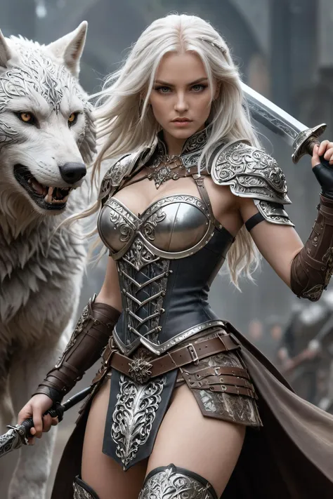 (A digital art image:1.3) of A warrior female is wearing Muted ornate small leather skirt and corset, light armor, a sword. A highly dynamic combat action pose, fiercely fighting an opponent. wearing intricately ornamented HKStyle chainmail sexy fantasy small armor and holding a scythe. Visible nvel, white long hair, steel wolf head ornament on chest