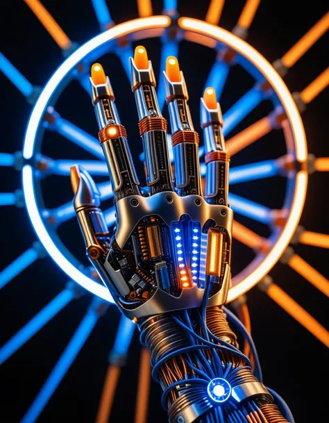 (Robotic hand extending forward:1.3), Symmetrical composition, Intricate metal parts, Glowing blue and orange lights, (Visible circuits and wires:1.3), Bright energy flowing through joints, (Human hand reaching forward:1.2), Warm skin tones, Natural texture, Slightly bent fingers, (Glowing white light:1.3), Radiating from center, Circular aura dividing scene, Blue and violet circuitry patterns, (Orange and golden energy streaks:1.3), Sharp contrast, Left side cool electric tones, Right side warm organic light, Strong visual tension, Juxtaposition of human and machine.Masterpiece,best quality,hi res,8k,hi res,8k,award winning,(sharp focus, intricate, highly detailed),