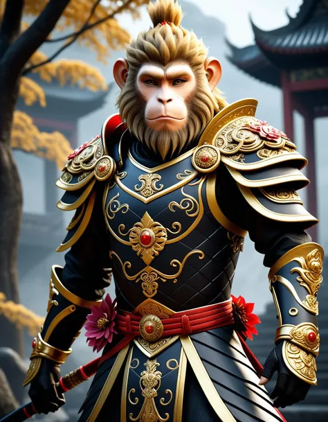 <black-wukong>, the monkey king, rough skin, upper body, walking through a spooky area, a highly detailed CGI rendering of a humanoid character with a monkey-like face, tall and slender, bushy mane of golden-brown hair, dressed in ornate, regal armor, armor features intricate, swirling patterns and floral designs, suggesting a high level of craftsmanship.