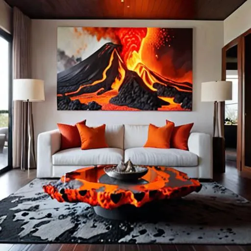 A cozy living room features a soft sofa and a warm, textured rug. Above the couch hangs a dramatic painting of an erupting volcano, and suddenly, lava starts to spill out from the frame, flowing down onto the floor. Bright orange and red streams of molten rock cascade over the carpet, creating a vivid contrast with the room's serene decor. Bits of embers spark and float in the air, catching the soft light and igniting a few stray papers nearby. The heat emanating from the lava warps the air, and the surrounding furniture shimmers with a surreal, fiery glow that transforms the peaceful atmosphere into one of chaotic beauty --v 6.1