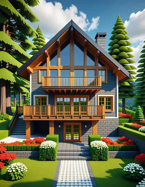 Wide angle voxel-style digital illustration, (Chalet-style wooden house in forest:1.3), Central perspective composition, Dark wood structure, Sloped roof with overlapping planks, (Grid-patterned large windows:1.2), Triangular roof, Gray chimney, (Gray block stairway leading to terrace:1.2), Elevated wooden terrace with railing, Green potted bushes, (Surrounding tall square-trunk trees:1.3), Vivid green leaves, Uniform canopies, (Blocky terrain of earth and grass:1.2), Scattered red and white flowers, Random bushes, Gray stone path encircling house, Blue sky with voxel white clouds, Bright lighting, Warm and colorful ambiance, Pixelated clarity, Vivid and sharp detailing.Masterpiece,best quality,hi res,8k,hi res,8k,award winning,(sharp focus, intricate, highly detailed),