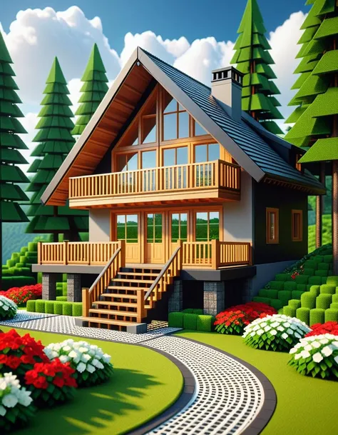 Wide angle voxel-style digital illustration, (Chalet-style wooden house in forest:1.3), Central perspective composition, Dark wood structure, Sloped roof with overlapping planks, (Grid-patterned large windows:1.2), Triangular roof, Gray chimney, (Gray block stairway leading to terrace:1.2), Elevated wooden terrace with railing, Green potted bushes, (Surrounding tall square-trunk trees:1.3), Vivid green leaves, Uniform canopies, (Blocky terrain of earth and grass:1.2), Scattered red and white flowers, Random bushes, Gray stone path encircling house, Blue sky with voxel white clouds, Bright lighting, Warm and colorful ambiance, Pixelated clarity, Vivid and sharp detailing.Masterpiece,best quality,hi res,8k,hi res,8k,award winning,(sharp focus, intricate, highly detailed),