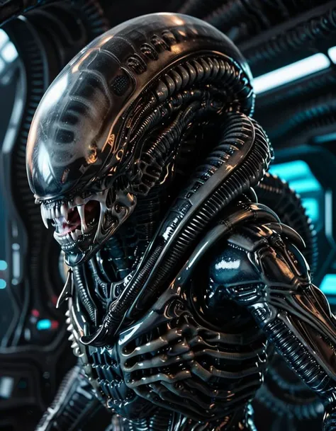 Close-up digital illustration, (Xenomorph1024 bust with biomechanical details:1.3), Centered composition, Elongated smooth head, Metallic black exoskeleton, (Sharp fangs dripping saliva:1.2), Curved biomechanical forms, (Dimly lit spaceship interior:1.3), Complex panels and circuitry, Hazy metallic reflections, (Soft blue and red ambient lighting:1.2), Futuristic shadows, Diffuse reflections on surfaces, Ominous glowing screens, Stark contrasts, Sci-fi atmosphere.Masterpiece,best quality,hi res,8k,hi res,8k,award winning,(sharp focus, intricate, highly detailed), <lora:Xenomorph1024:0.7>