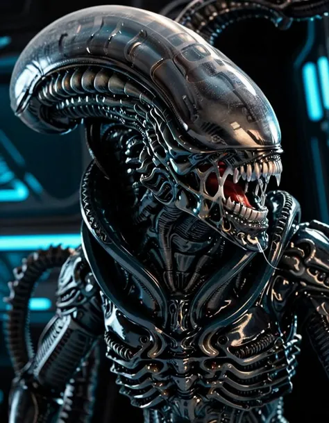 Close-up digital illustration, (Xenomorph1024 bust with biomechanical details:1.3), Centered composition, Elongated smooth head, Metallic black exoskeleton, (Sharp fangs dripping saliva:1.2), Curved biomechanical forms, (Dimly lit spaceship interior:1.3), Complex panels and circuitry, Hazy metallic reflections, (Soft blue and red ambient lighting:1.2), Futuristic shadows, Diffuse reflections on surfaces, Ominous glowing screens, Stark contrasts, Sci-fi atmosphere.Masterpiece,best quality,hi res,8k,hi res,8k,award winning,(sharp focus, intricate, highly detailed), <lora:Xenomorph1024:0.7>