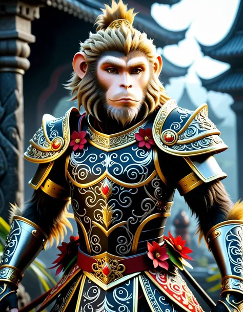 <black-wukong>, the monkey king, rough skin, upper body, walking through a spooky area, a highly detailed CGI rendering of a humanoid character with a monkey-like face, tall and slender, bushy mane of golden-brown hair, dressed in ornate, regal armor, armor features intricate, swirling patterns and floral designs, suggesting a high level of craftsmanship.