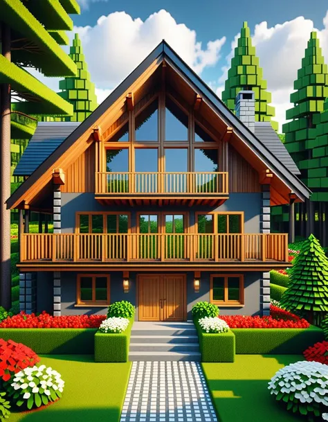 Wide angle voxel-style digital illustration, (Chalet-style wooden house in forest:1.3), Central perspective composition, Dark wood structure, Sloped roof with overlapping planks, (Grid-patterned large windows:1.2), Triangular roof, Gray chimney, (Gray block stairway leading to terrace:1.2), Elevated wooden terrace with railing, Green potted bushes, (Surrounding tall square-trunk trees:1.3), Vivid green leaves, Uniform canopies, (Blocky terrain of earth and grass:1.2), Scattered red and white flowers, Random bushes, Gray stone path encircling house, Blue sky with voxel white clouds, Bright lighting, Warm and colorful ambiance, Pixelated clarity, Vivid and sharp detailing.Masterpiece,best quality,hi res,8k,hi res,8k,award winning,(sharp focus, intricate, highly detailed),
