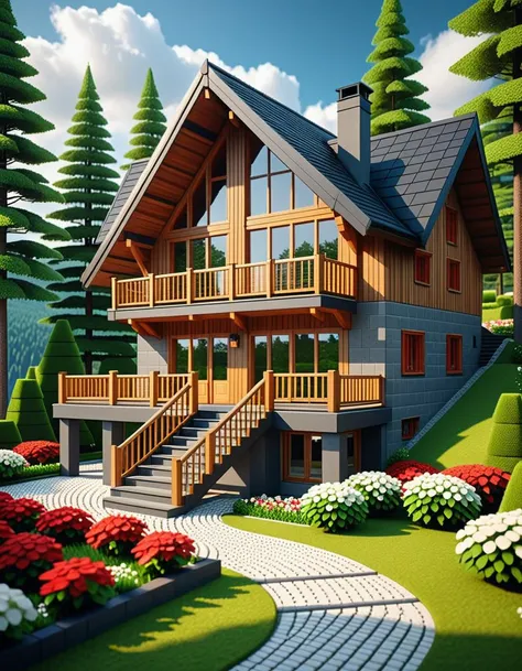 Wide angle voxel-style digital illustration, (Chalet-style wooden house in forest:1.3), Central perspective composition, Dark wood structure, Sloped roof with overlapping planks, (Grid-patterned large windows:1.2), Triangular roof, Gray chimney, (Gray block stairway leading to terrace:1.2), Elevated wooden terrace with railing, Green potted bushes, (Surrounding tall square-trunk trees:1.3), Vivid green leaves, Uniform canopies, (Blocky terrain of earth and grass:1.2), Scattered red and white flowers, Random bushes, Gray stone path encircling house, Blue sky with voxel white clouds, Bright lighting, Warm and colorful ambiance, Pixelated clarity, Vivid and sharp detailing.Masterpiece,best quality,hi res,8k,hi res,8k,award winning,(sharp focus, intricate, highly detailed),