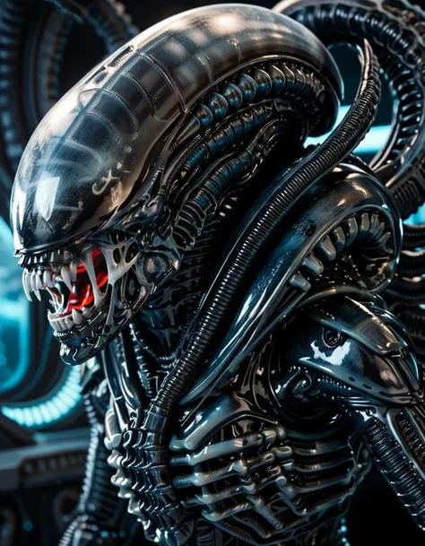 Close-up digital illustration, (Xenomorph1024 bust with biomechanical details:1.3), Centered composition, Elongated smooth head, Metallic black exoskeleton, (Sharp fangs dripping saliva:1.2), Curved biomechanical forms, (Dimly lit spaceship interior:1.3), Complex panels and circuitry, Hazy metallic reflections, (Soft blue and red ambient lighting:1.2), Futuristic shadows, Diffuse reflections on surfaces, Ominous glowing screens, Stark contrasts, Sci-fi atmosphere.Masterpiece,best quality,hi res,8k,hi res,8k,award winning,(sharp focus, intricate, highly detailed), <lora:Xenomorph1024:0.7>