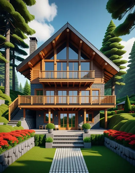 Wide angle voxel-style digital illustration, (Chalet-style wooden house in forest:1.3), Central perspective composition, Dark wood structure, Sloped roof with overlapping planks, (Grid-patterned large windows:1.2), Triangular roof, Gray chimney, (Gray block stairway leading to terrace:1.2), Elevated wooden terrace with railing, Green potted bushes, (Surrounding tall square-trunk trees:1.3), Vivid green leaves, Uniform canopies, (Blocky terrain of earth and grass:1.2), Scattered red and white flowers, Random bushes, Gray stone path encircling house, Blue sky with voxel white clouds, Bright lighting, Warm and colorful ambiance, Pixelated clarity, Vivid and sharp detailing.Masterpiece,best quality,hi res,8k,hi res,8k,award winning,(sharp focus, intricate, highly detailed),