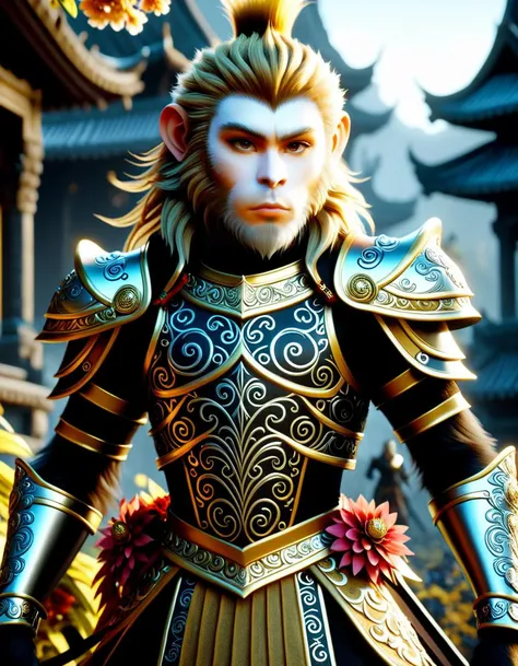 <black-wukong>, the monkey king, rough skin, upper body, walking through a spooky area, a highly detailed CGI rendering of a humanoid character with a monkey-like face, tall and slender, bushy mane of golden-brown hair, dressed in ornate, regal armor, armor features intricate, swirling patterns and floral designs, suggesting a high level of craftsmanship.