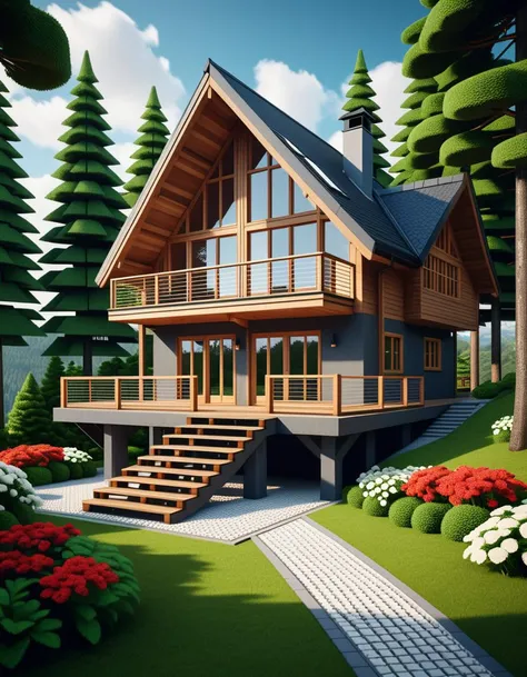 Wide angle voxel-style digital illustration, (Chalet-style wooden house in forest:1.3), Central perspective composition, Dark wood structure, Sloped roof with overlapping planks, (Grid-patterned large windows:1.2), Triangular roof, Gray chimney, (Gray block stairway leading to terrace:1.2), Elevated wooden terrace with railing, Green potted bushes, (Surrounding tall square-trunk trees:1.3), Vivid green leaves, Uniform canopies, (Blocky terrain of earth and grass:1.2), Scattered red and white flowers, Random bushes, Gray stone path encircling house, Blue sky with voxel white clouds, Bright lighting, Warm and colorful ambiance, Pixelated clarity, Vivid and sharp detailing.Masterpiece,best quality,hi res,8k,hi res,8k,award winning,(sharp focus, intricate, highly detailed),