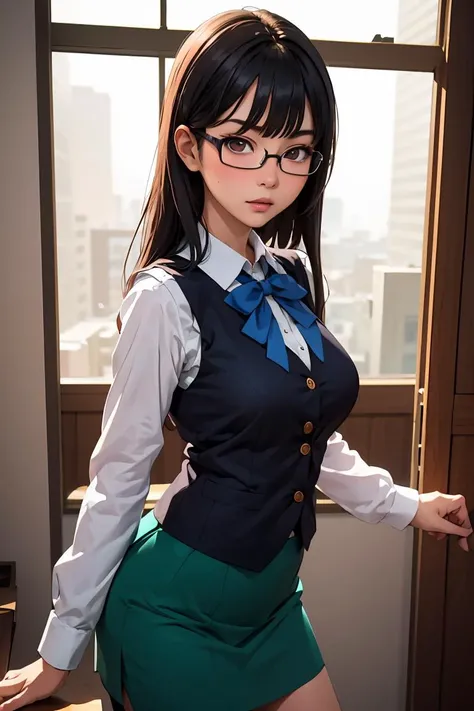 (masterpiece, best quality), 1girl, <lora:sumika-oohashi_futabu:1> jelosumikaoohashi, glasses, blue bow, sleeveless vest, shirt,long sleeves, green skirt