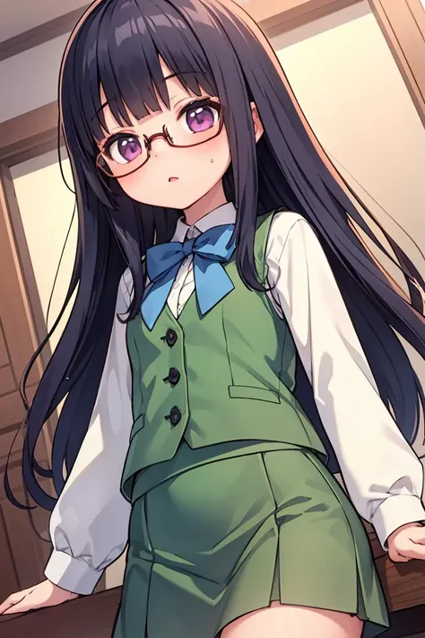 (masterpiece, best quality), 1girl, <lora:sumika-oohashi_futabu:1> jelosumikaoohashi, glasses, blue bow, sleeveless vest, shirt,long sleeves, green skirt