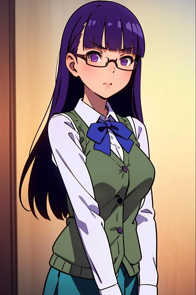 (masterpiece, best quality), 1girl,    <lora:sumika-oohashi_futabu:1> jelosumikaoohashi, glasses, blue bow, sleeveless vest, shirt,long sleeves, green skirt