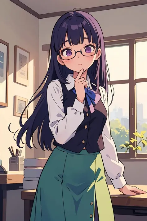 One Girl、Drooping eyeessy Hair、Black Hair、Long Hair、Sale Clothes、tights、Holding a book、Round Glasses、Scared、