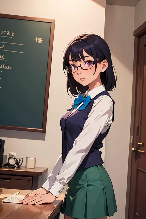 (masterpiece, best quality), 1girl, <lora:sumika-oohashi_futabu:1> jelosumikaoohashi, glasses, blue bow, sleeveless vest, shirt,long sleeves, green skirt