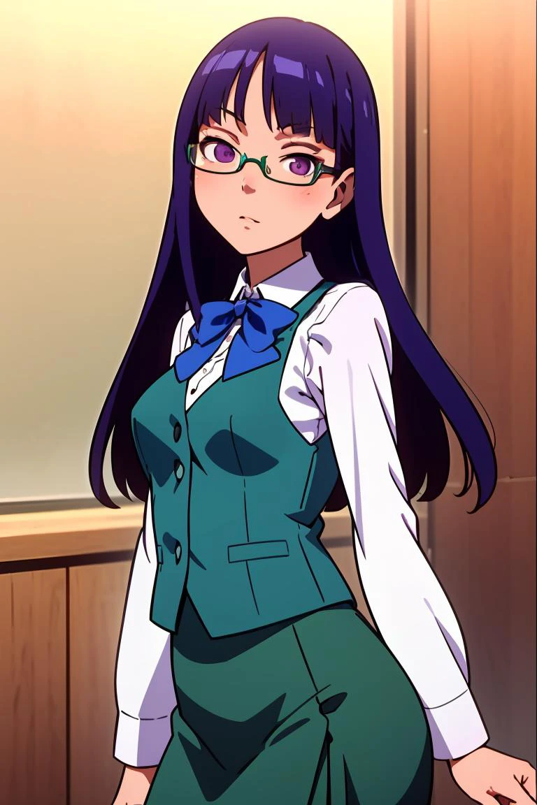 (masterpiece, best quality), 1girl, <lora:sumika-oohashi_futabu:1> jelosumikaoohashi, glasses, blue bow, sleeveless vest, shirt,long sleeves, green skirt