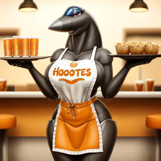 <lora:AeromorphsV2Kohya:0.5> best quality, masterpiece, detailed, aeromorph, female, hooters, apron, highres, absurdres, holding a tray, eyes,
