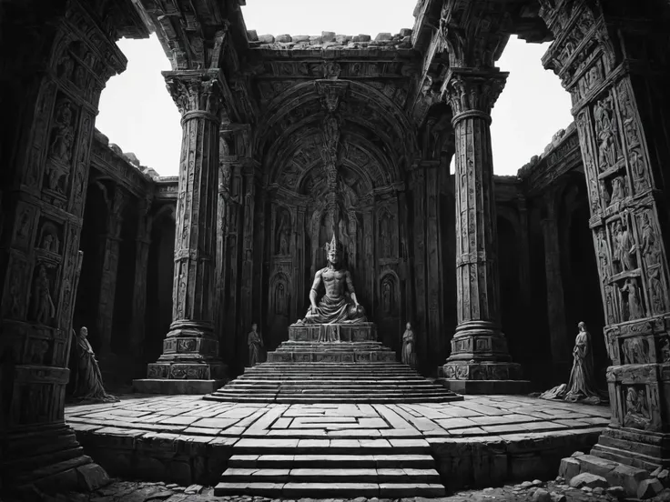 a blasphemous ritual is taking place in an intricate temple before the ruined statue of a dark god, ominous signs and iconography, complex geometric patterns, <lora:LLBretonXL2:0.8> llbreton, grayscale, monochrome <lora:Peter_Gric_style_SDXL:0.8> Gric