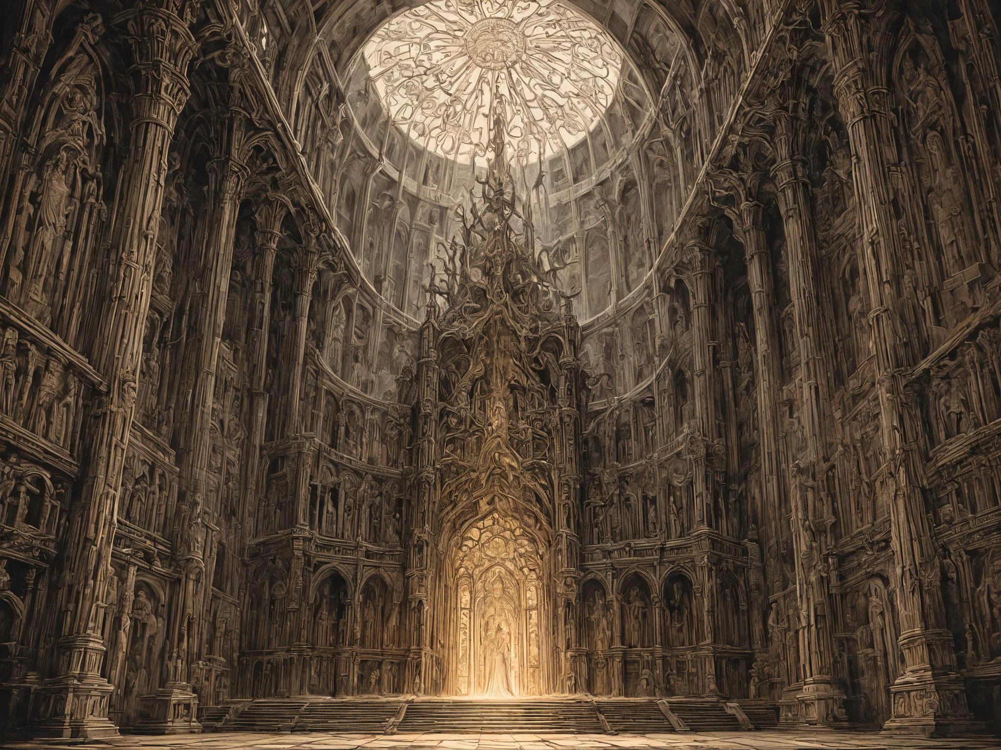masterpiece, highly detailed drawing, a demon floats inside an intricate temple, light shining through stained glass window, evil iconography, clean lines,<lora:LLBretonXL2:0.7> llbreton, <lora:Peter_Gric_style_SDXL:0.8> Gric