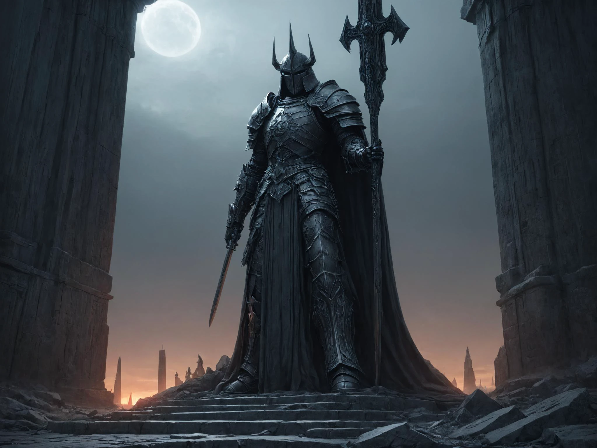 masterpiece, highly detailed drawing, hdr, octane render, a death knight guarding a menacing obelisk, clean lines, cinematic lighting, mysterious atmosphere, <lora:LLBretonXL2:0.7> llbreton, <lora:Peter_Gric_style_SDXL:0.8> Gric