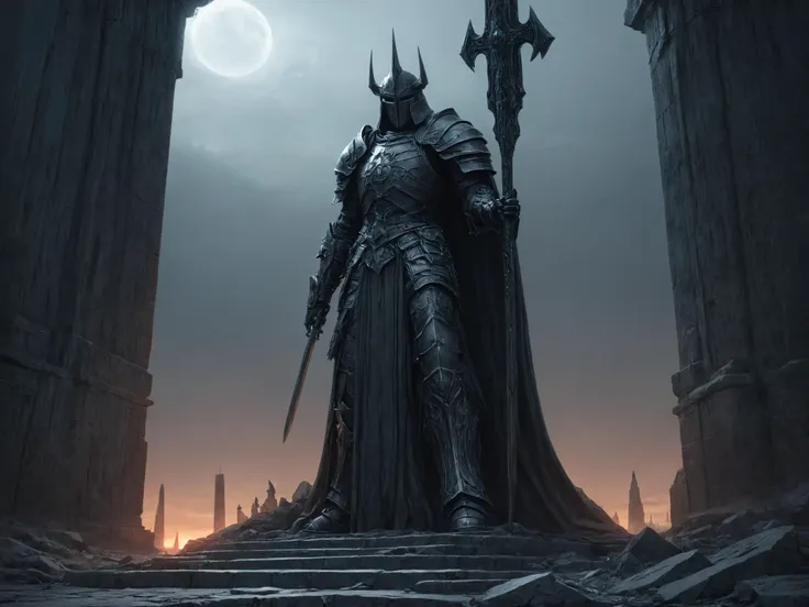 a man in armor stands in a dark castle with a sword