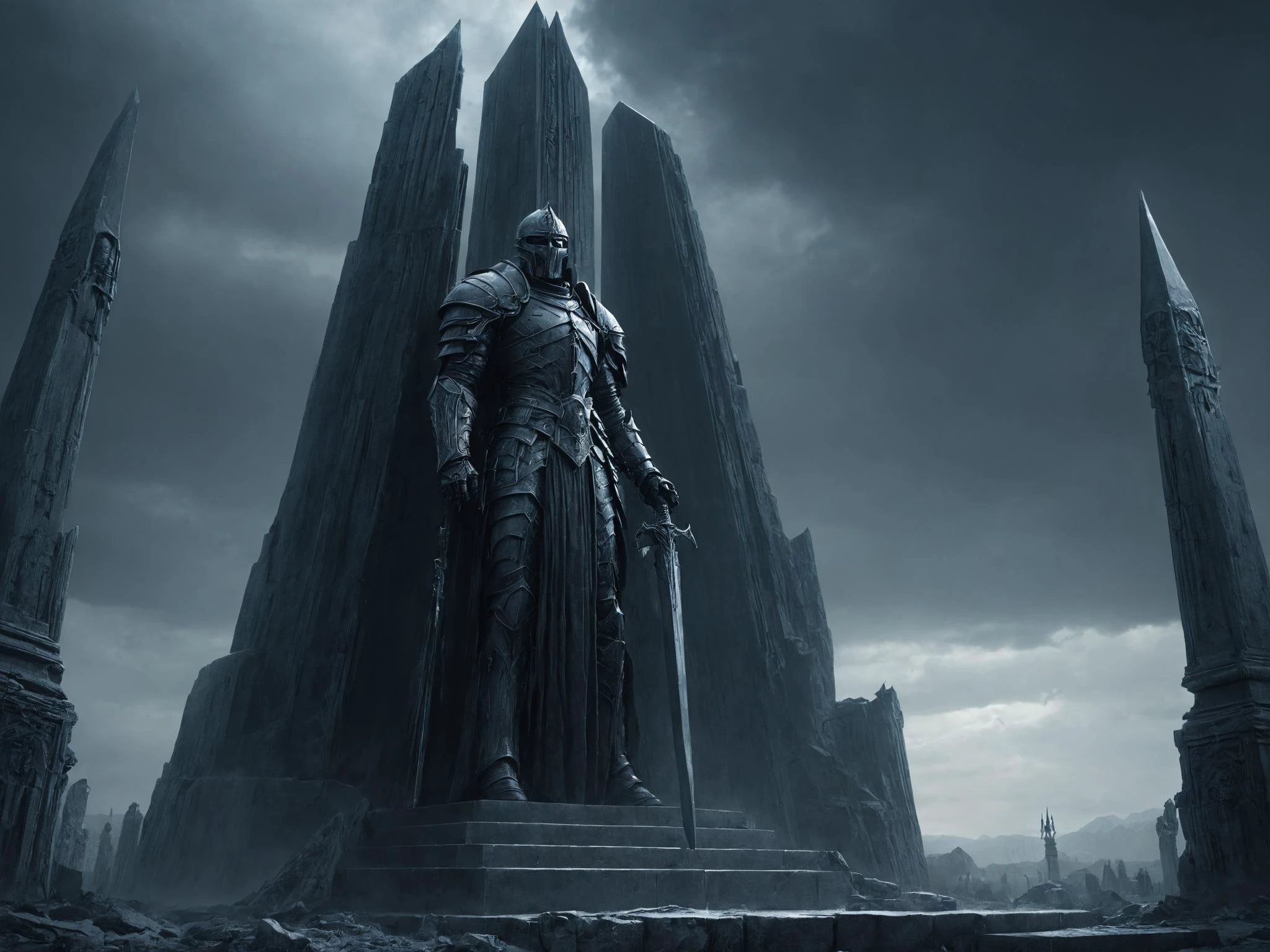 masterpiece, highly detailed drawing, hdr, octane render, a death knight guarding a menacing obelisk, clean lines, cinematic lighting, mysterious atmosphere, <lora:LLBretonXL2:0.7> llbreton, <lora:Peter_Gric_style_SDXL:0.8> Gric