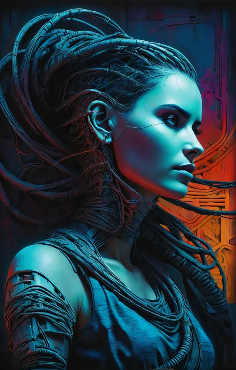 cyberpunk-hued colors, (gric style:1.15), fractal nightmares, intricate map of lines and cables, an old oil painting of a beautiful Uruguayan woman wearing the twisted silence of her words <lora:Peter_Gric_style_SDXL-000009:1> brutalism architecture background, neon signage, strong colorful silhouettes