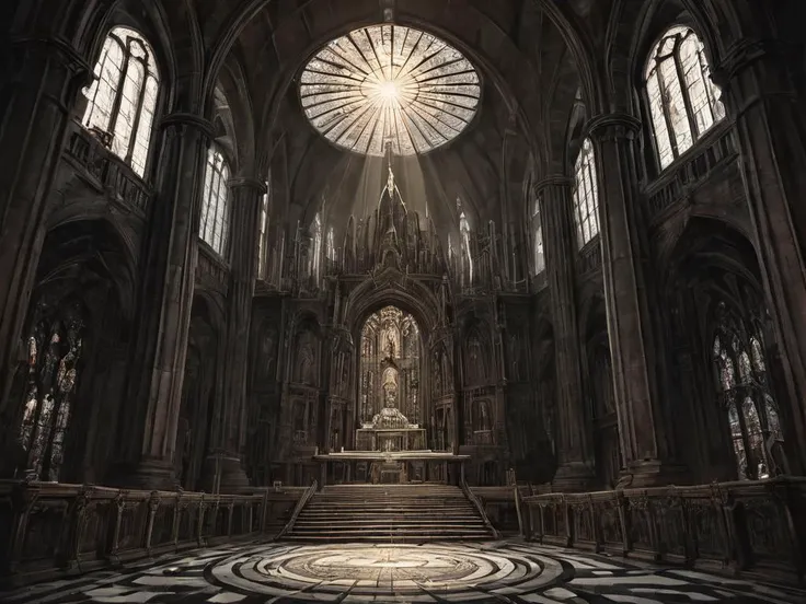 masterpiece, highly detailed drawing, a blasphemous ritual is taking place in an intricate temple before the ruined statue of a dark god, light shining through full colored stained glass window above the altar, ominous signs and iconography, complex geometric patterns, clean lines, <lora:LLBretonXL2:0.8> llbreton, monochrome <lora:Peter_Gric_style_SDXL:0.8> Gric