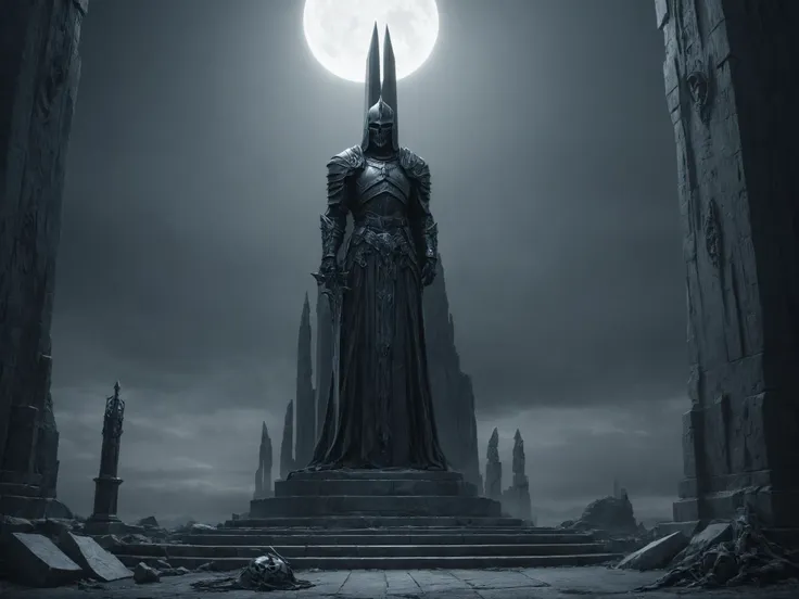 a dark knight stands in front of a full moon