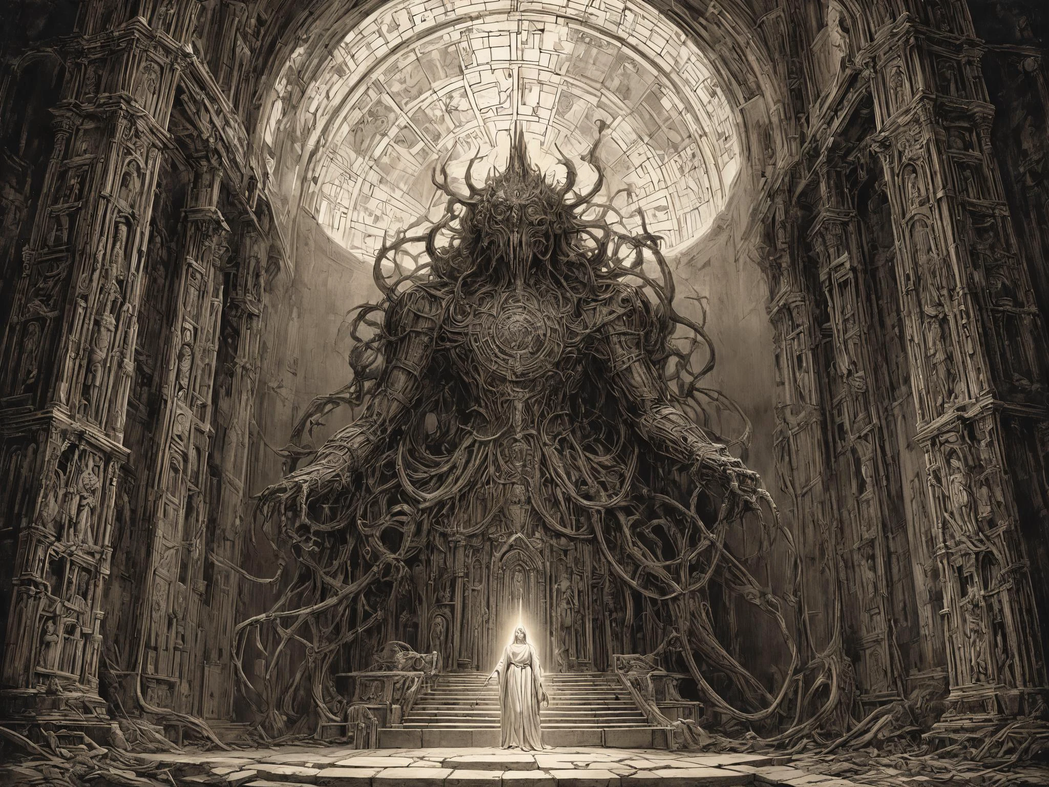 masterpiece, highly detailed drawing, a blasphemous monster floats inside an intricate temple before the ruined statue of a dark god, light shining through full colored stained glass window above the altar, ominous signs and iconography, complex geometric patterns, clean lines, <lora:LLBretonXL2:0.7> llbreton, monochrome <lora:Peter_Gric_style_SDXL:0.8> Gric
