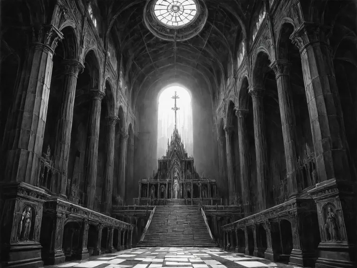 masterpiece, highly detailed drawing, a blasphemous ritual is taking place in an intricate temple before the ruined statue of a dark god, light shining through full colored stained glass window above the altar, ominous signs and iconography, complex geometric patterns, clean lines, <lora:LLBretonXL2:0.8> llbreton, grayscale, monochrome <lora:Peter_Gric_style_SDXL:0.8> Gric