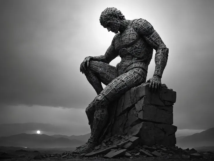 broken ruined statue of a dead god, ominous night, geometric pattern, <lora:LLBretonXL2:0.8> llbreton, grayscale, monochrome <lora:Peter_Gric_style_SDXL:0.8> Gric